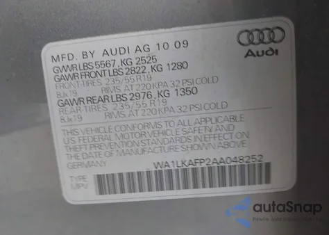 2010 Audi Q5 3.2 Premium z USA, uszkodzony, nr VIN WA1LKAFP2AA048252